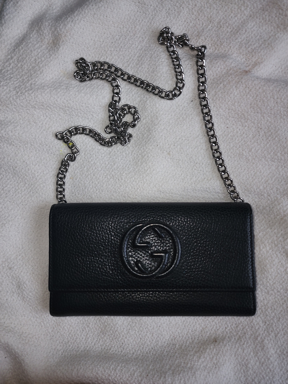Gucci Soho Black Pebbled Leather GG Chain Wallet On Chain WOC Crossbody